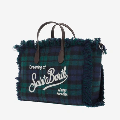 Shop Mc2 Saint Barth Check Wool Leather Tote Handbag In Green In Multi
