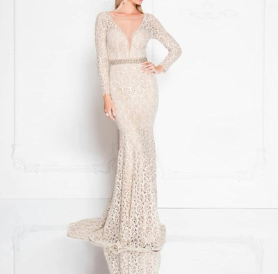 Shop Terani Couture Long Sleeves Lace Gown In Champagne In Beige