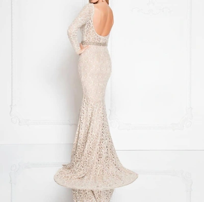 Shop Terani Couture Long Sleeves Lace Gown In Champagne In Beige