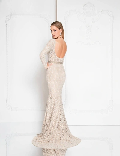 Shop Terani Couture Long Sleeves Lace Gown In Champagne In Beige
