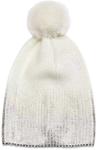 Shop Jocelyn Metallic Pom Pom Knit Hat Beanie In Ivory Silver In Beige