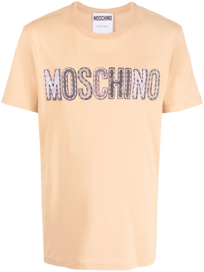 Moschino Organic Cotton Crew Neck T-shirt With Logo Patch In Neutrals