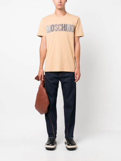 Moschino Organic Cotton Crew Neck T-shirt With Logo Patch In Neutrals