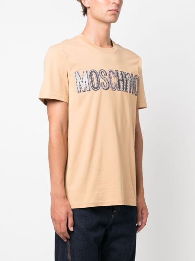 Moschino Organic Cotton Crew Neck T-shirt With Logo Patch In Neutrals