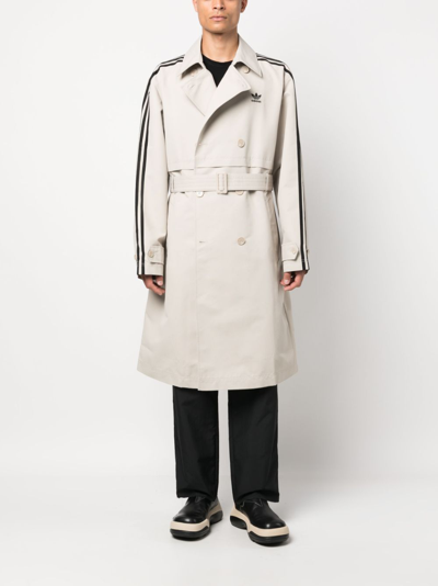 Shop Adidas Originals Striped Belted Trench Coat In Neutrals