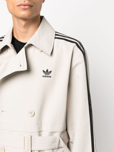 Shop Adidas Originals Striped Belted Trench Coat In Neutrals