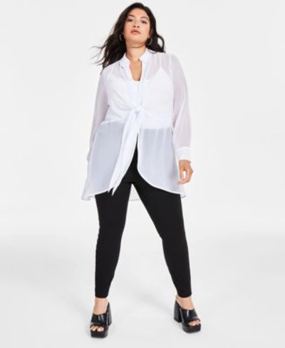 Shop Bar Iii Plus Size Tie Front Long Sleeve Blouse Side Studded Leggings Created For Macys In Bright White