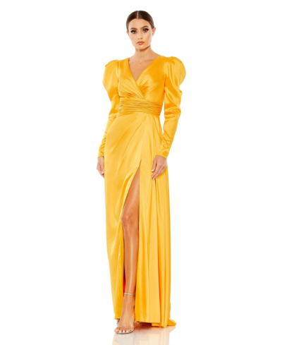 Shop Mac Duggal Women's Faux Wrap Long Sleeve A Line Gown In Marigold