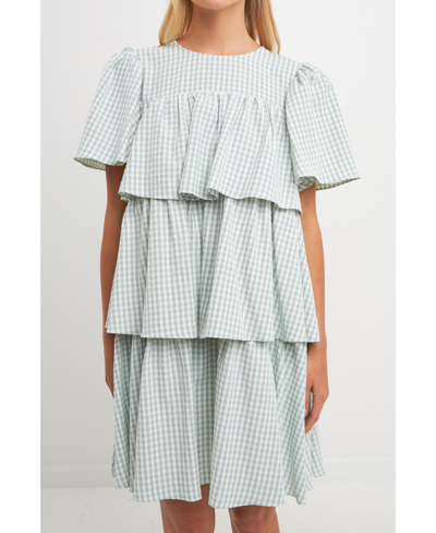Shop English Factory Women's Gingham Print Tiered Dress In Green/white