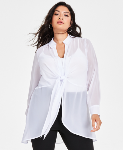 Shop Bar Iii Plus Size Tie-front Semi-sheer Blouse, Created For Macy's In Bright White
