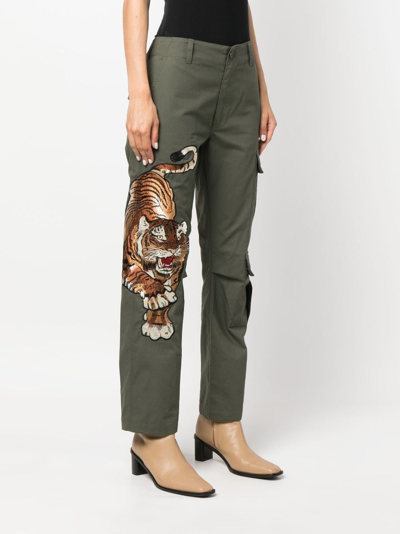Shop P.a.r.o.s.h Tiger-motif Embroidered Cargo Trousers In Green