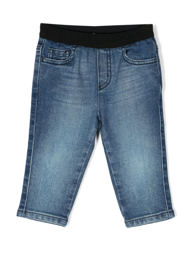 Shop Emporio Armani Stonewashed Elasticated Jeans In Blue