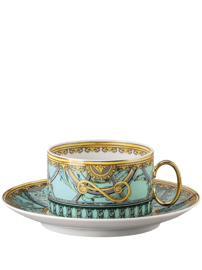 Shop Versace Scala Del Palazzo Teacup And Saucers (set Of 6) In Green