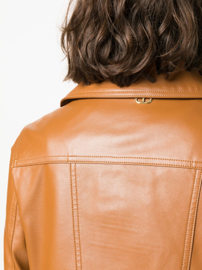 Shop Twinset Zip-up Faux-leather Biker Jacket In Brown