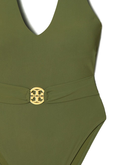 Shop Tory Burch Miller Belted One-piece Swimsuit In Green