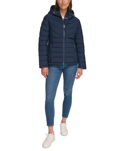 Shop Tommy Hilfiger Women's Hooded Packable Puffer Coat In Navy