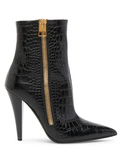 Shop Tom Ford Women's 105mm Leather Crocodile-embossed Booties In Black