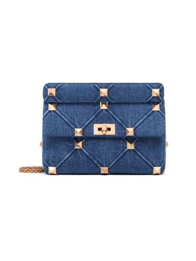 Shop Valentino Women's Large Roman Stud The Shoulder Bag In Denim With Chain