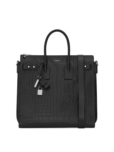 Shop Saint Laurent Men's Sac De Jour Northsouth Tote In Crocodile Embossed Leather In Black