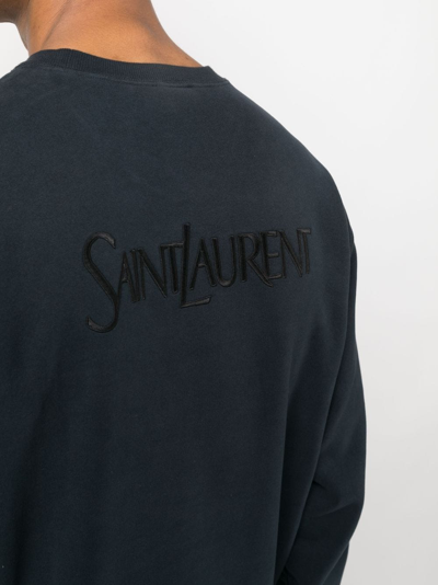 Shop Saint Laurent Logo-embroidered Jersey-fleece Sweatshirt In Blue