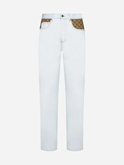 Shop Gucci Gg Panels Baggy Jeans In Light Blue,beige