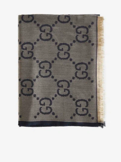 Shop Gucci Gg Wool And Silk Scarf In Blue,beige