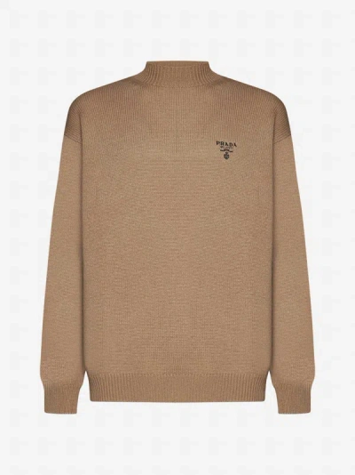 Shop Prada Logo Cashmere Mock-neck Sweater In Camel