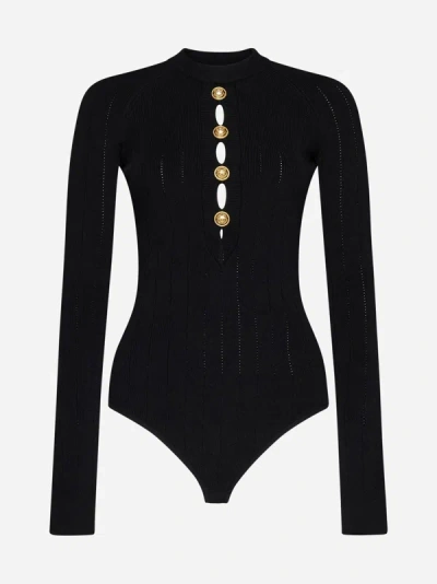 Shop Balmain Buttoned Viscose-blend Bodysuit In Black