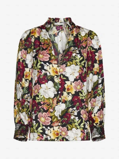 Shop Alice And Olivia Reilly Floral Print Viscose Blouse In Juniper Floral Black
