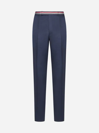 Shop Thom Browne Tricolor Waistband Wool Trousers In Deep Blue