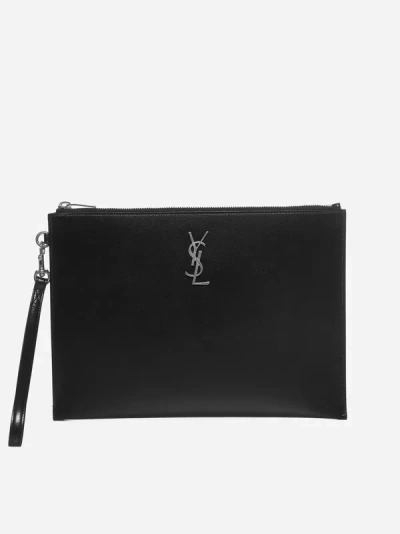 Shop Saint Laurent Ysl Logo Leather Clutch Bag In Black