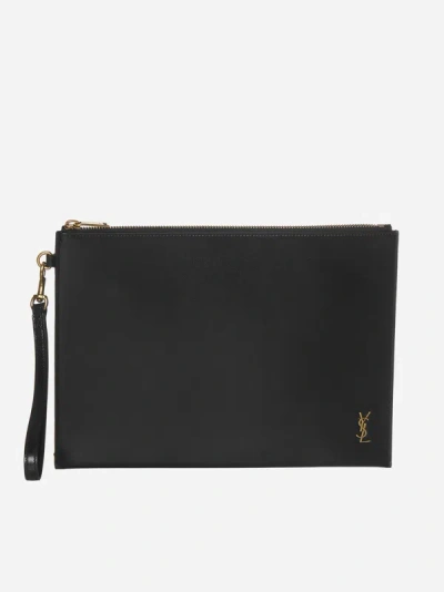 Shop Saint Laurent Leather Ipad Case In Black