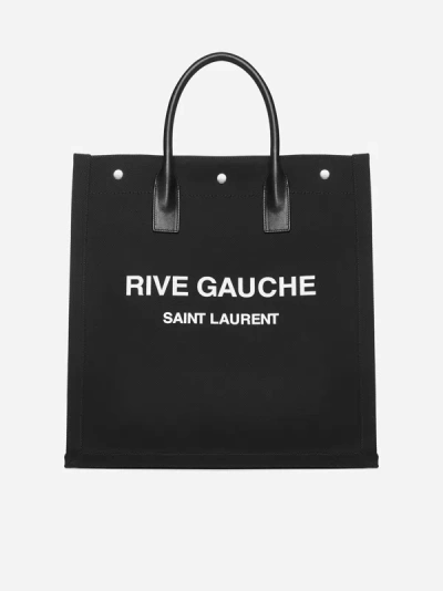 Shop Saint Laurent Rive Gauche Canvas Tote Bag In Black,white