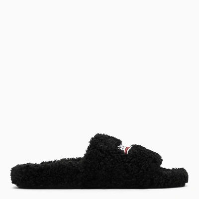 Shop Balenciaga Furry Slide Thong In Black