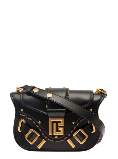 Shop Balmain 'blaze' Black Shoulder Bag With Decorative Zip And Maxi Logo In Smooth Leather Woman