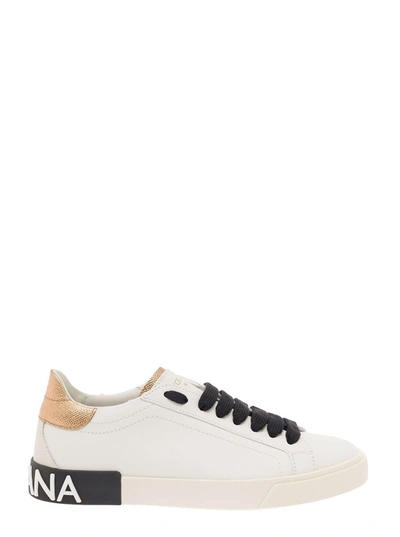 Shop Dolce & Gabbana 'new Portofino' White Low Top Sneakers With Metallic Heel Tab And Logo Patch In Leather Woman