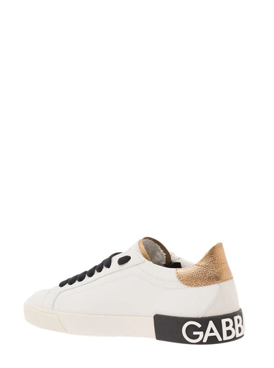 Shop Dolce & Gabbana 'new Portofino' White Low Top Sneakers With Metallic Heel Tab And Logo Patch In Leather Woman