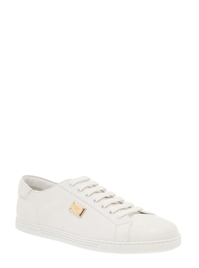 Shop Dolce & Gabbana 'portofino' White Monocrom Low Top Sneakers With Logo Plaque In Leather Man