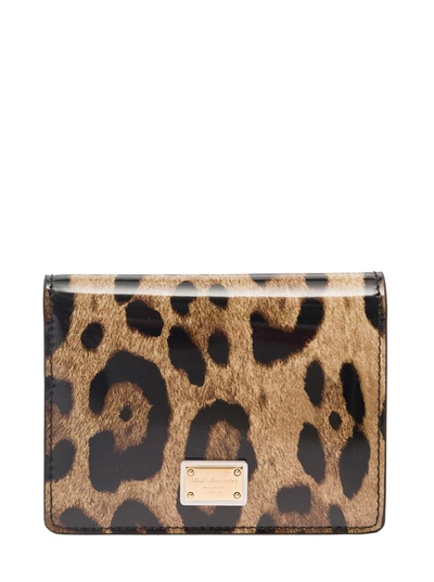 Shop Dolce & Gabbana Brown Bi-fold Wallet With Leopard Print And Logo Plaque In Smooth Leather Woman In Beige