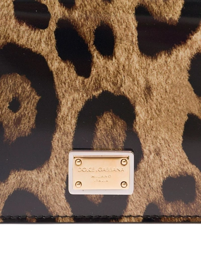 Shop Dolce & Gabbana Brown Bi-fold Wallet With Leopard Print And Logo Plaque In Smooth Leather Woman In Beige