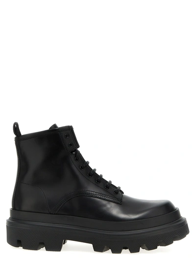 Dolce & Gabbana Black Ankle Boots With Chunky Platform And Logo Plaque In Leather Blend Man In Black