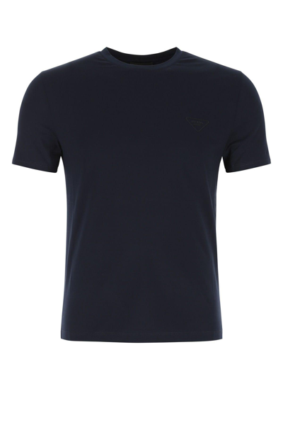Shop Prada Navy Blue Stretch Cotton T-shirt