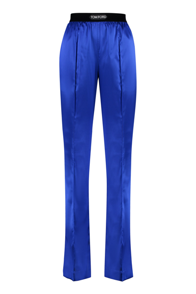 Tom Ford Logo-banded Silk Pj Pants In Blue