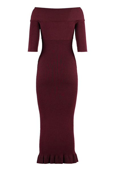 Philosophy Di Lorenzo Serafini Burgundy Off-the-shoulder Ruffled Midi Dress In Burgundy