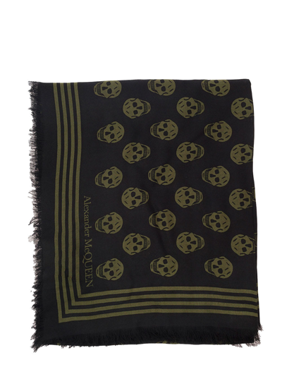 Shop Alexander Mcqueen Black And Military Green Scarf With Skull And Logo Print In Modal Man