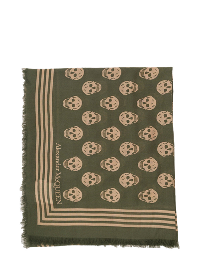 Shop Alexander Mcqueen Beige And Green Scarf With Skull And Logo Print In Modal Man