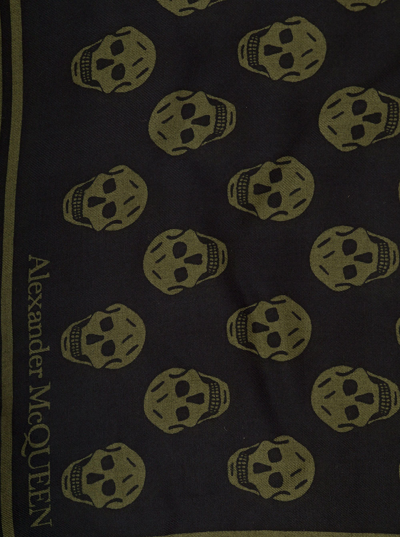 Shop Alexander Mcqueen Black And Military Green Scarf With Skull And Logo Print In Modal Man