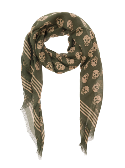 Shop Alexander Mcqueen Beige And Green Scarf With Skull And Logo Print In Modal Man