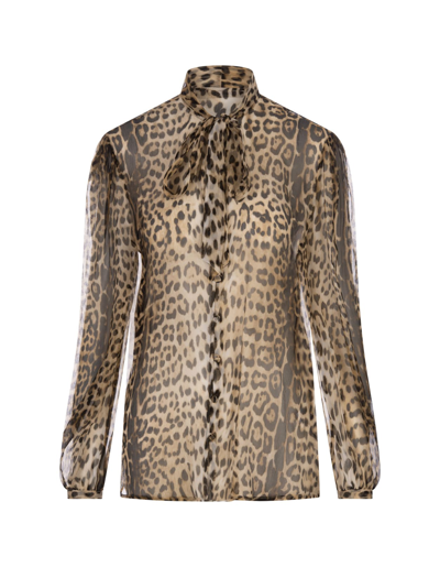 Shop Roberto Cavalli Leopard Print Silk Shirt With Lavalliere Collar In Marrone
