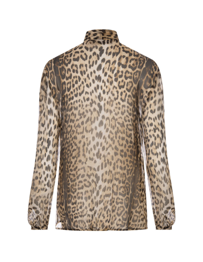 Shop Roberto Cavalli Leopard Print Silk Shirt With Lavalliere Collar In Marrone